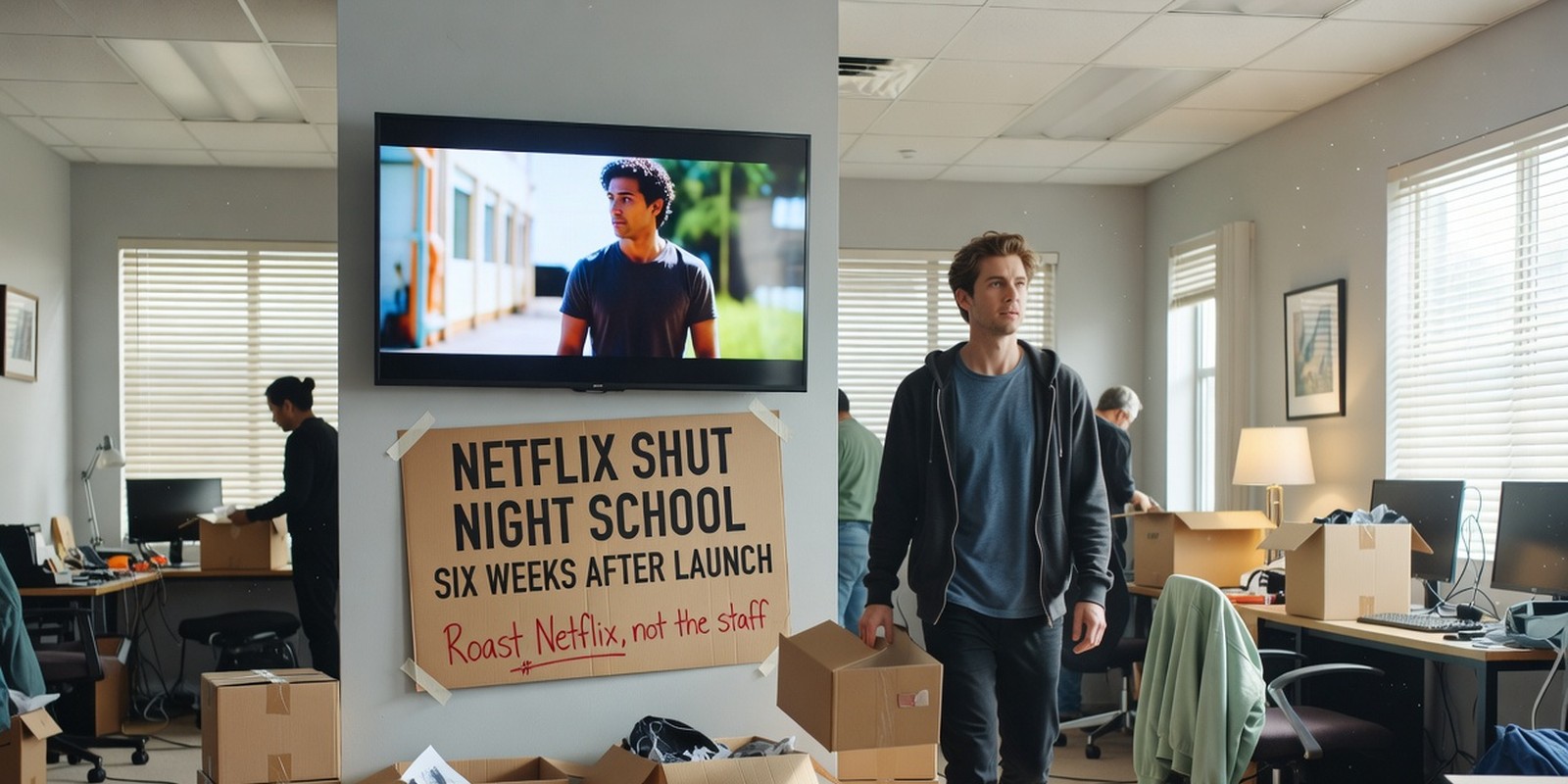 Netflix Shut Night School Six Weeks After Launch — Entertainment satirical illustration by Roast Station