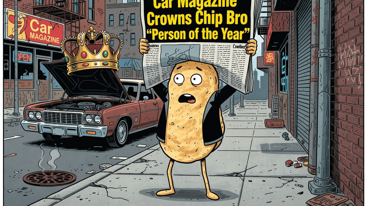 Car Magazine Crowns Chip Bro 'Person of the Year' — Tech satirical illustration by Roast Station