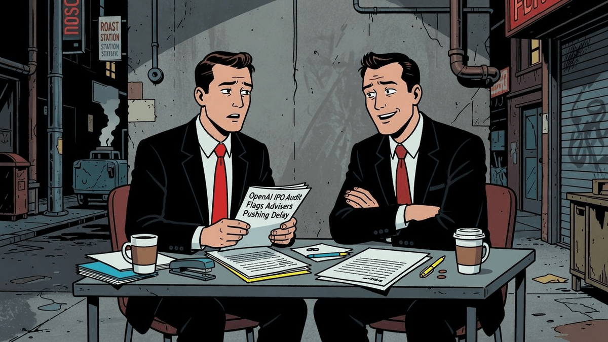 OpenAI IPO Audit Flags Advisers Pushing Delay — Tech satirical illustration by Roast Station