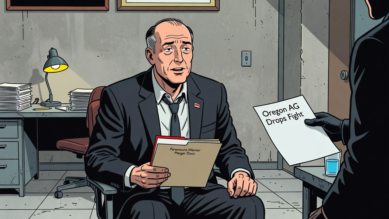 Oregon AG Rayfield Drops Documents Fight on Paramount-Warner Deal — Finance satirical illustration by Roast Station