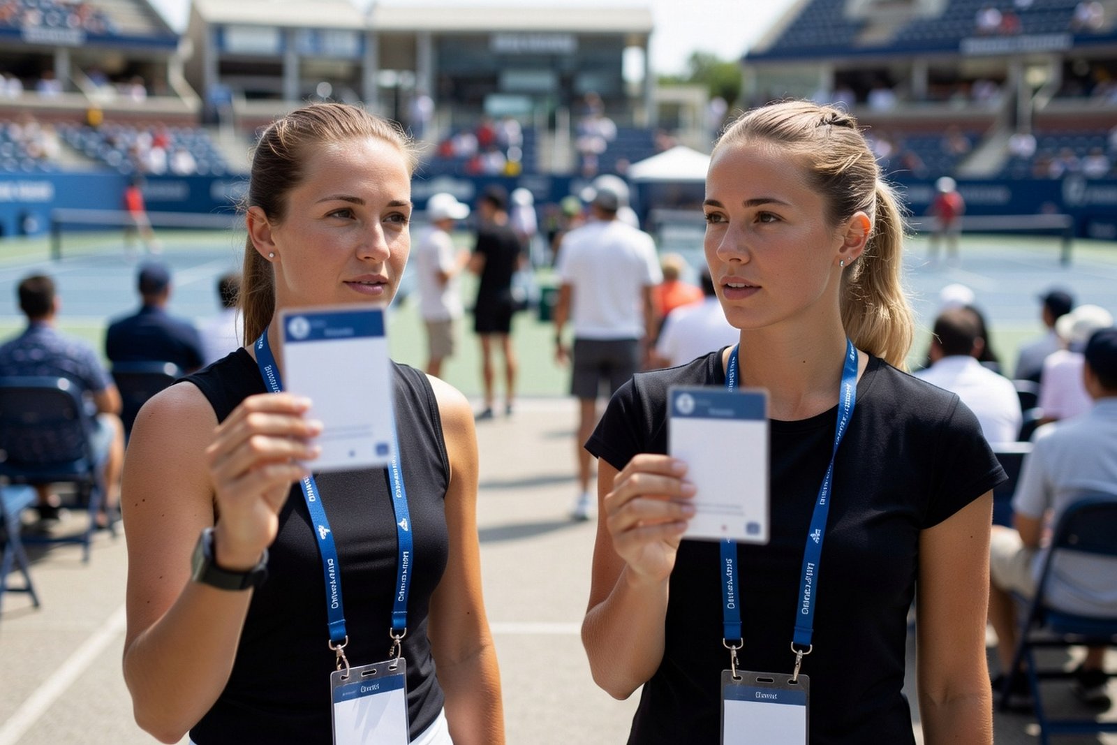 Radice and Jongens Posted US Open Credentials at the National Tennis Center — leisure satirical illustration · SPICY tier · Roast Station editorial