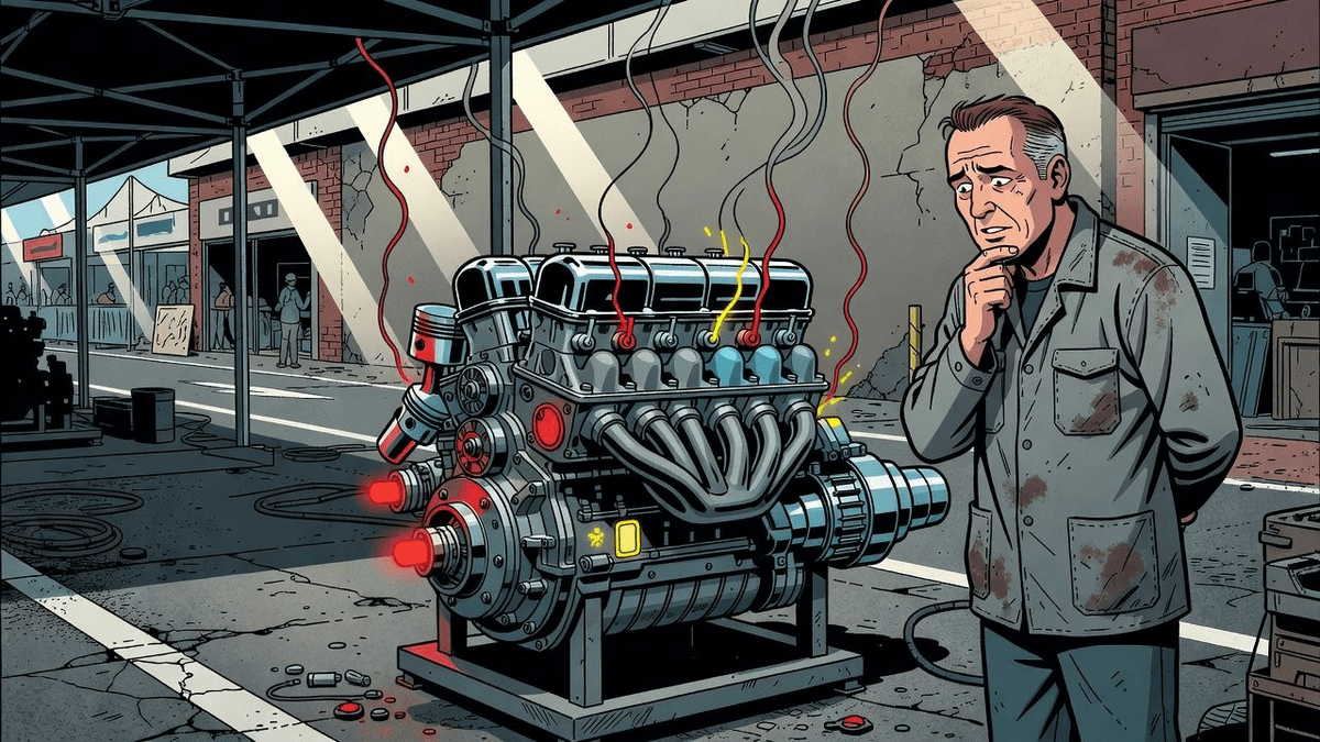 Ruf Flat-Eight Engine Debuts at Goodwood, Generates Pure Excess — Tech satirical illustration by Roast Station