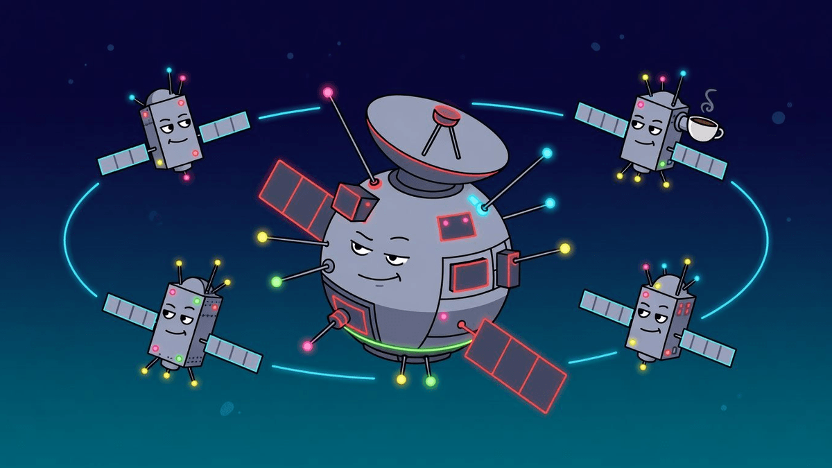 Russian Satellites Orbit a RadarSat in Polite Menace Mode — Tech satirical illustration by Roast Station