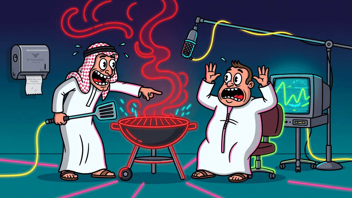 Saudi & UAE's Secret Iran BBQ: US Guarantees Now Toilet Paper — World satirical illustration by Roast Station