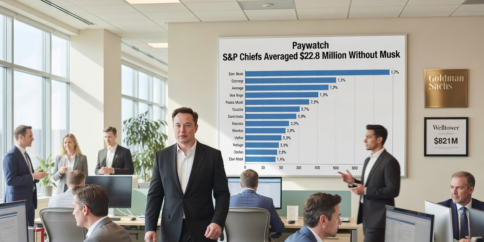 S&P Chiefs Averaged $22.8 Million Without Musk — Finance satirical illustration by Roast Station