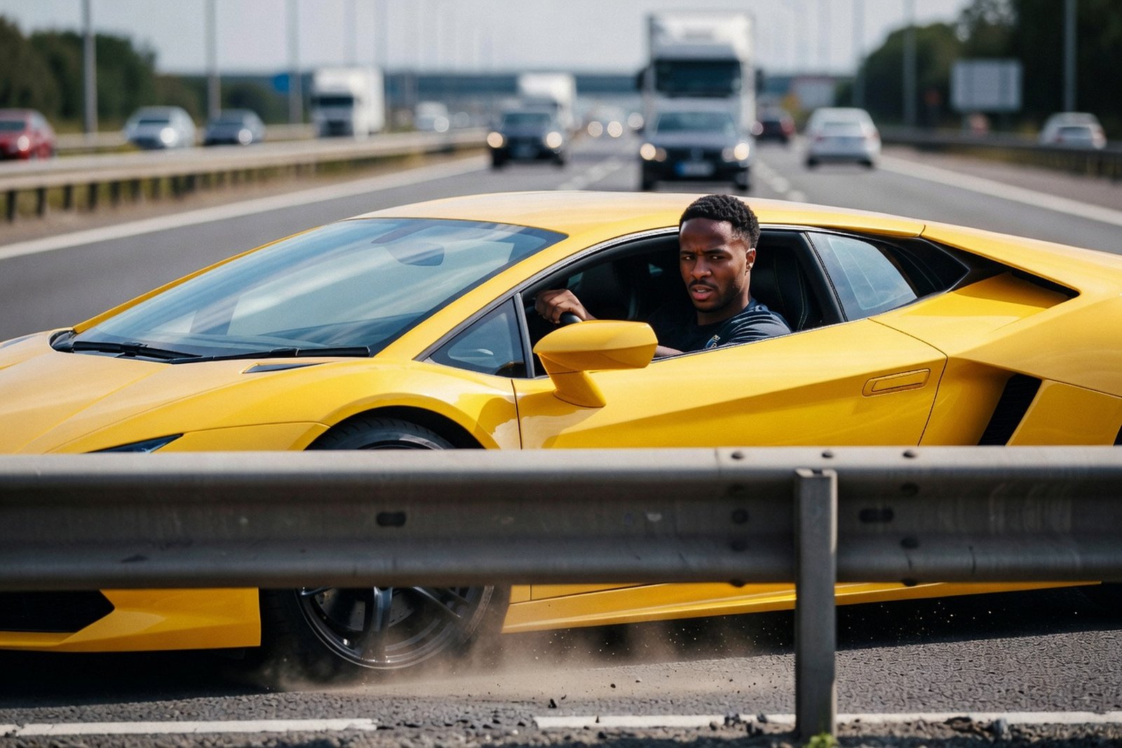 Sterling Put a Lambo into the M3 Barriers at Minley — Sports satirical illustration · SPICY tier · Roast Station editorial