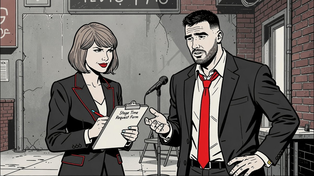 Taylor Swift Booking Stage Time at Her Own Kelce Wedding — Entertainment satirical illustration by Roast Station