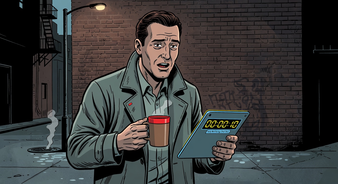TechCrunch's 'Early Bird Savings' Is Just a Price Hike Countdown — Tech satirical illustration · SPICY tier · Roast Station editorial