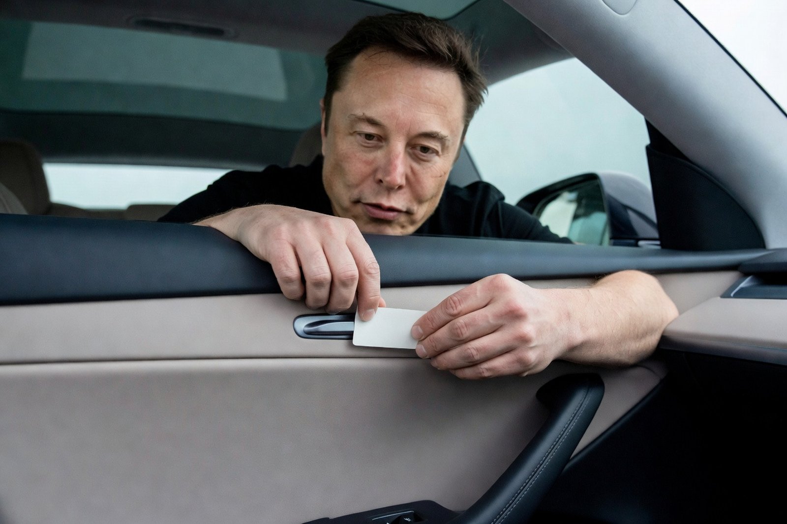 Tesla Stuck Warning Labels on Hidden Door Releases in China — Tech satirical illustration · SPICY tier · Roast Station editorial