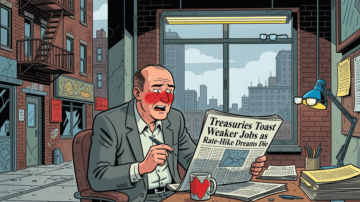 Treasuries Toast Weaker Jobs as Rate-Hike Dreams Die — Finance satirical illustration by Roast Station