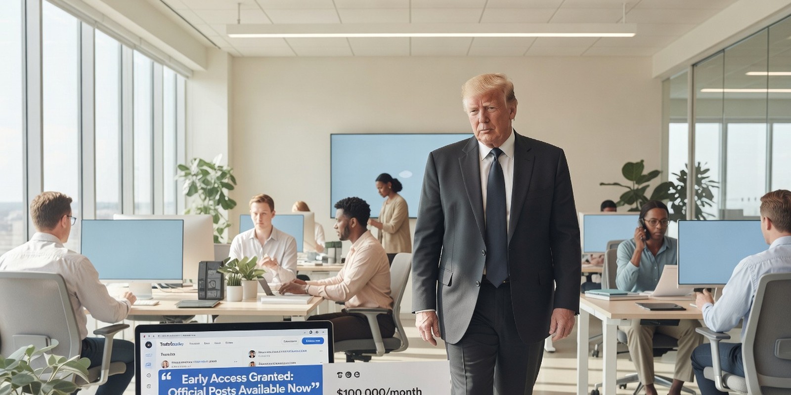 Trump Media Sold Early Access to Official Posts — Politics satirical illustration by Roast Station