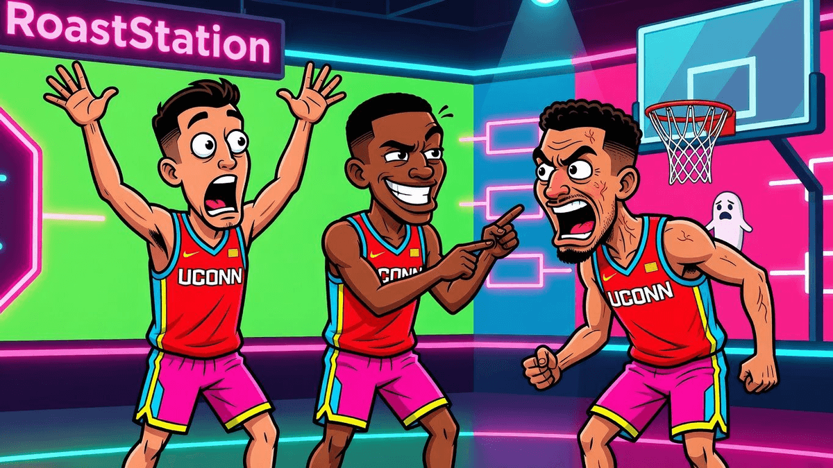 UConn's Title Threesome: Big Game Bangers or Bracket Bullies? — Sports satirical illustration by Roast Station