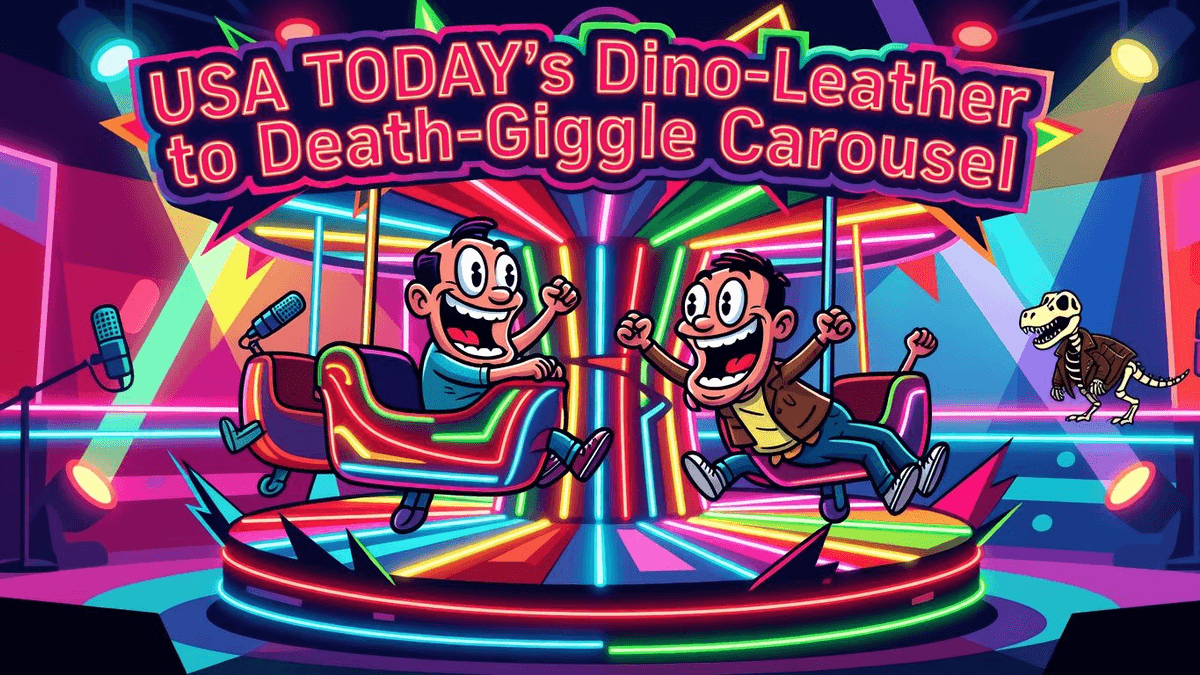 USA TODAY's Dino-Leather to Death-Giggle Carousel — Tech satirical illustration by Roast Station