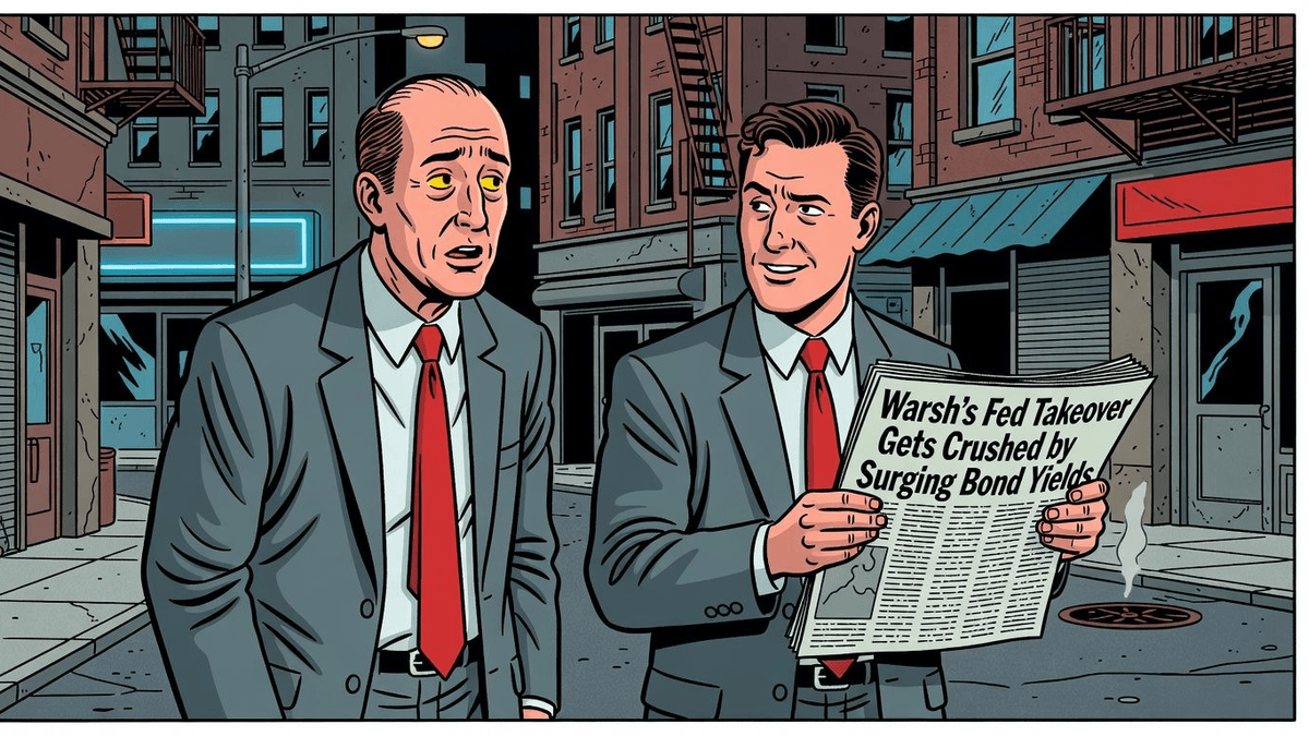 Warsh’s Fed Takeover Gets Crushed by Surging Bond Yields — Finance satirical illustration by Roast Station
