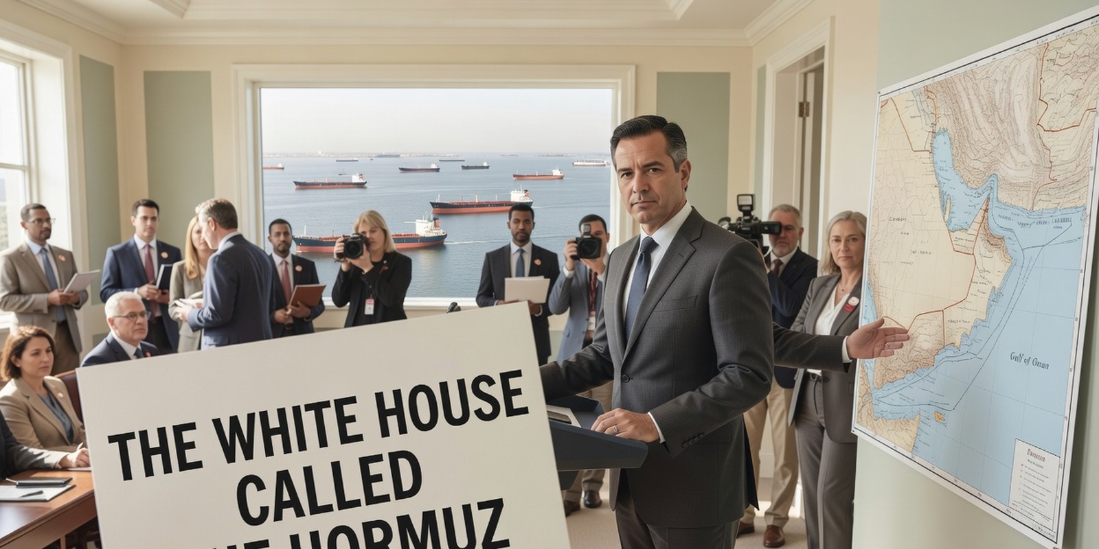 The White House Called the Hormuz Claim a Joke — Politics satirical illustration by Roast Station