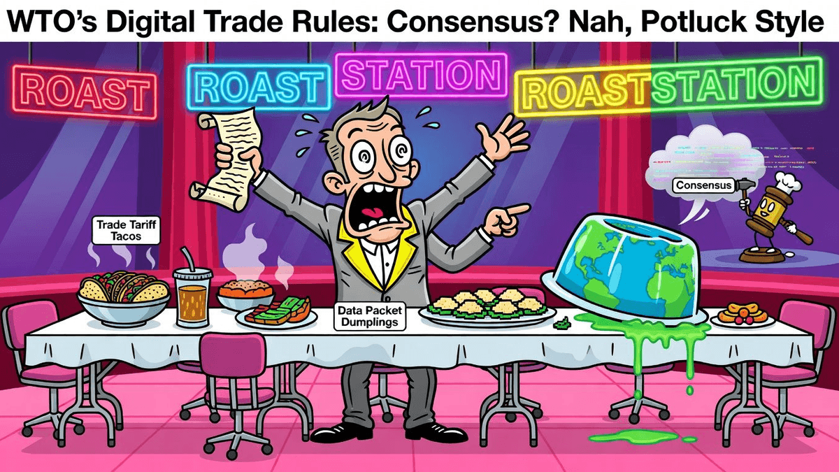 WTO's Digital Trade Rules: Consensus? Nah, Potluck Style — Tech satirical illustration by Roast Station