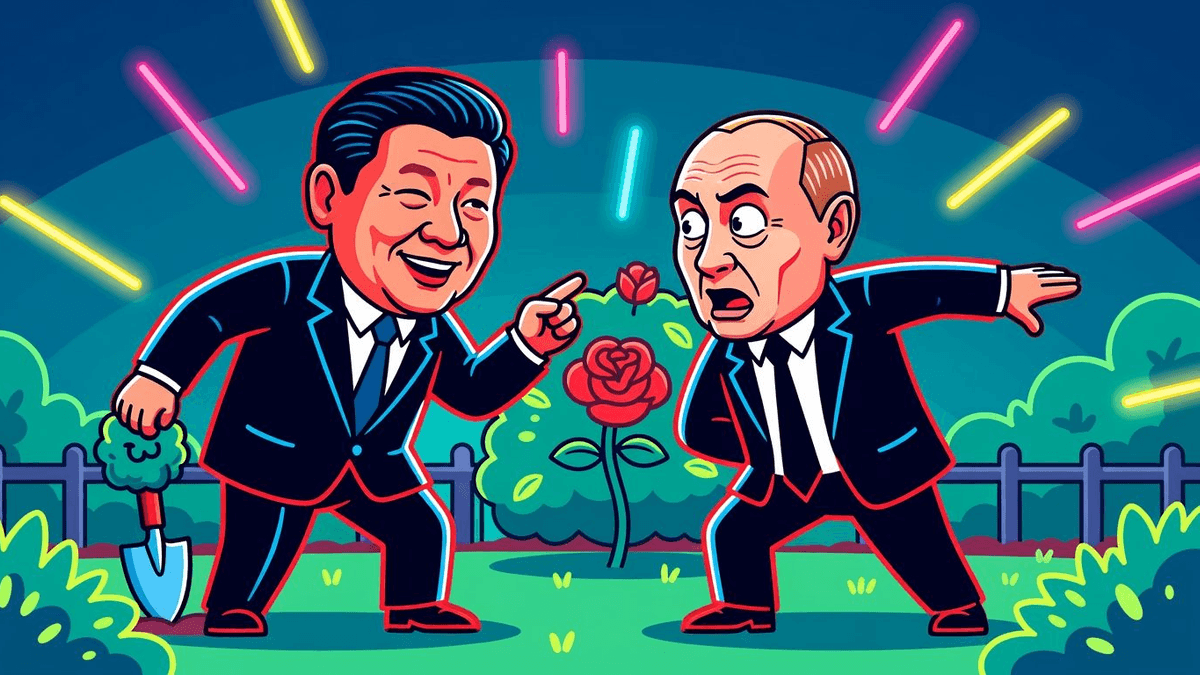 Xi's Putin Name-Drop: Diplomatic Garden Flirt or Putin-Shaming? — Politics satirical illustration by Roast Station
